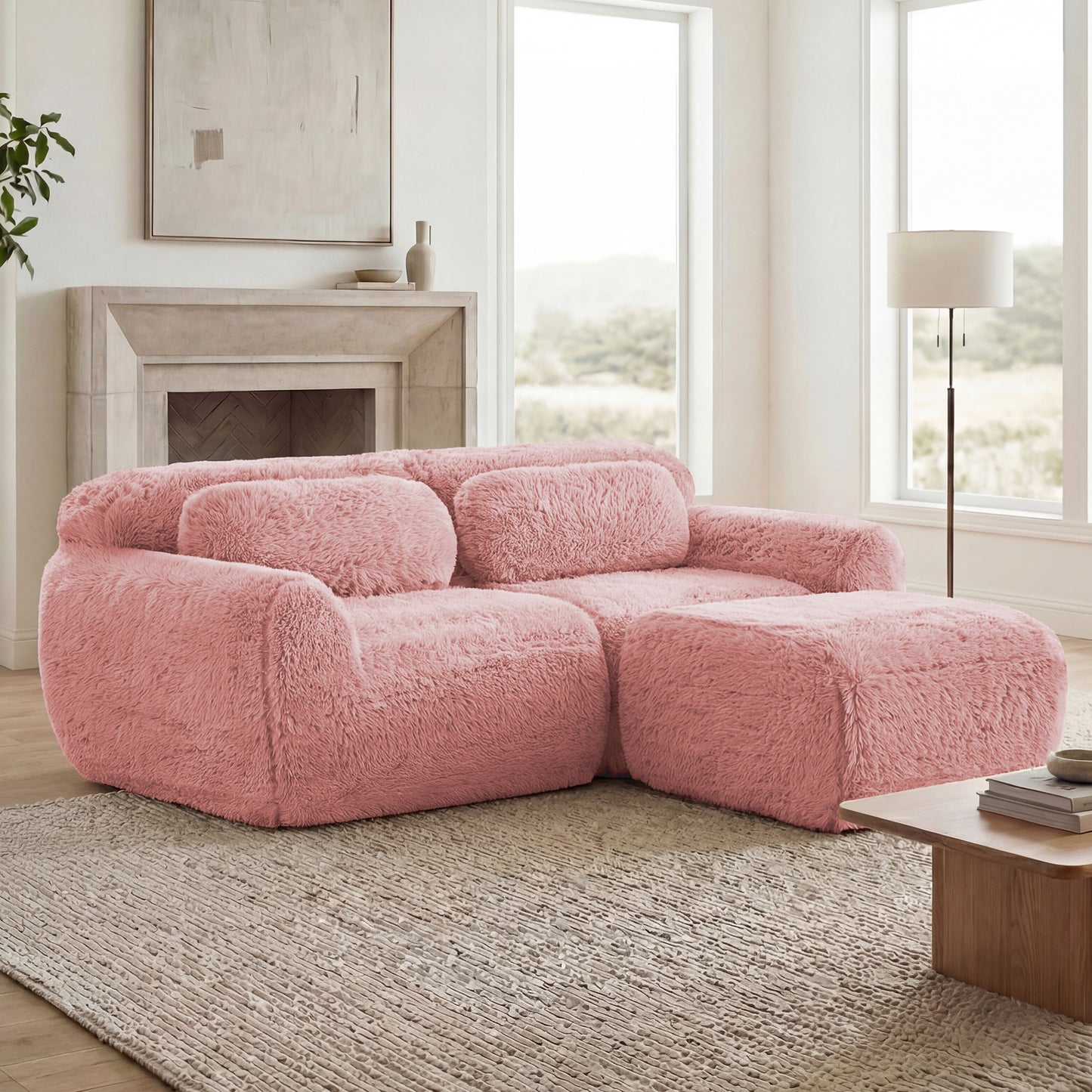 L-shaped Boneless Sofa,Soft Fluffy Plush Fabric,With Chaise 32D High Density Sponge,No Assembly Required,Ergonomic Design Bottom Anti-Slip Design,With Throw Pillows,Fits Bedrooms,Pink image 3