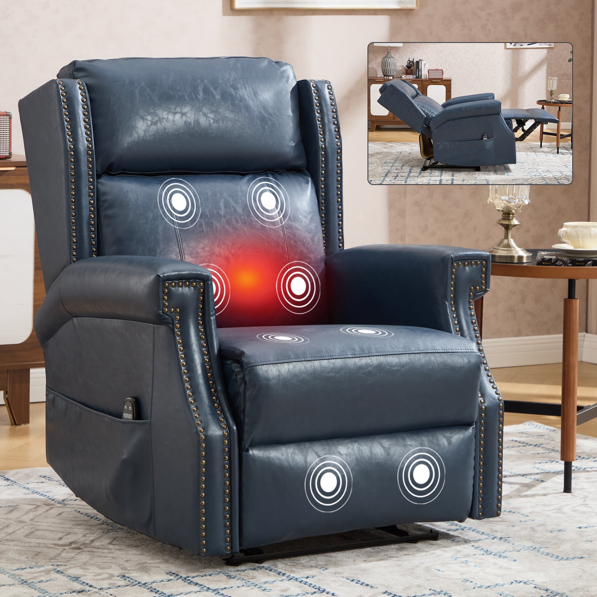Blue Manual Recliner Chair in Faux Leather for Living Room with Heavy Duty Motion Mechanism, 8 vibrating nodes and 3 massage modes. image 8