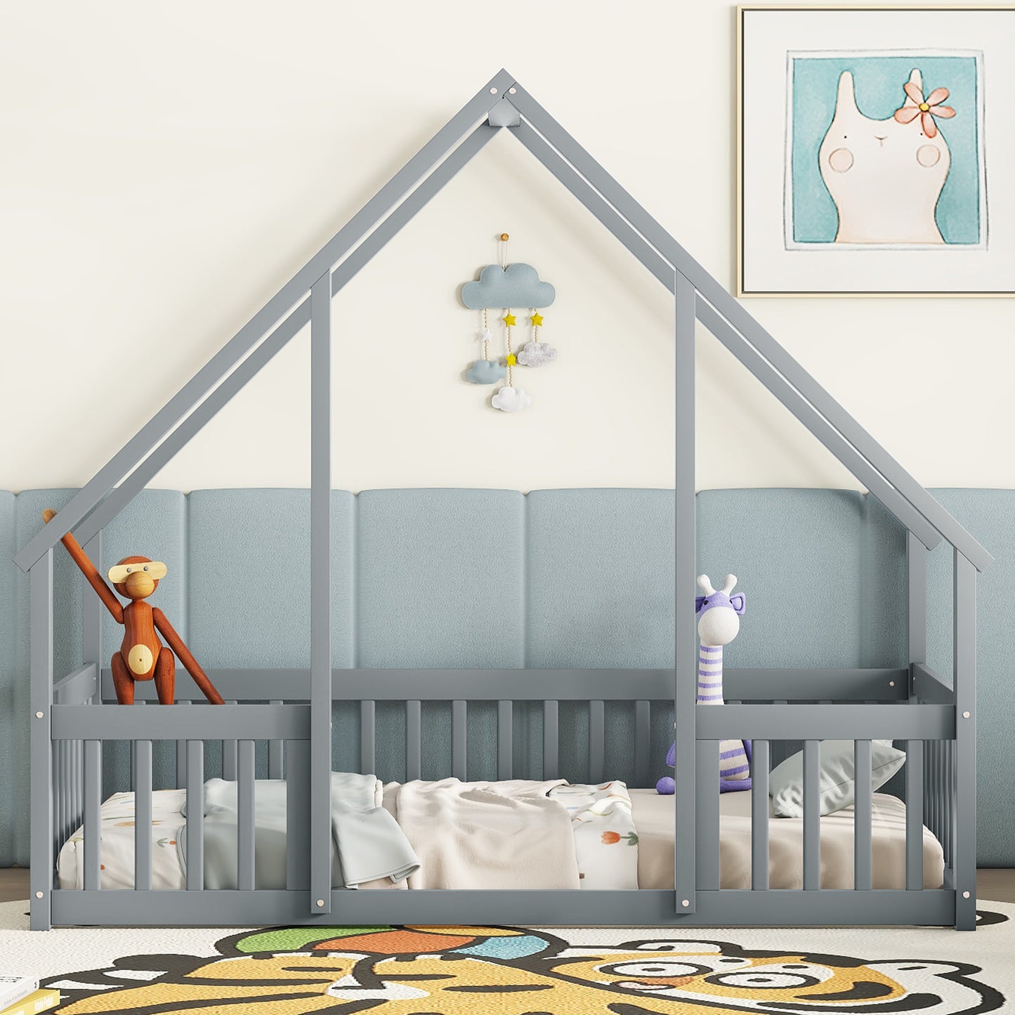 Twin Wood House-Shaped Floor Bed with Fence, Guardrails,Grey image 9