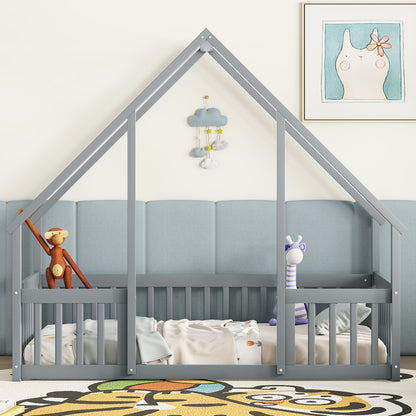 Twin Wood House-Shaped Floor Bed with Fence, Guardrails,Grey image 9