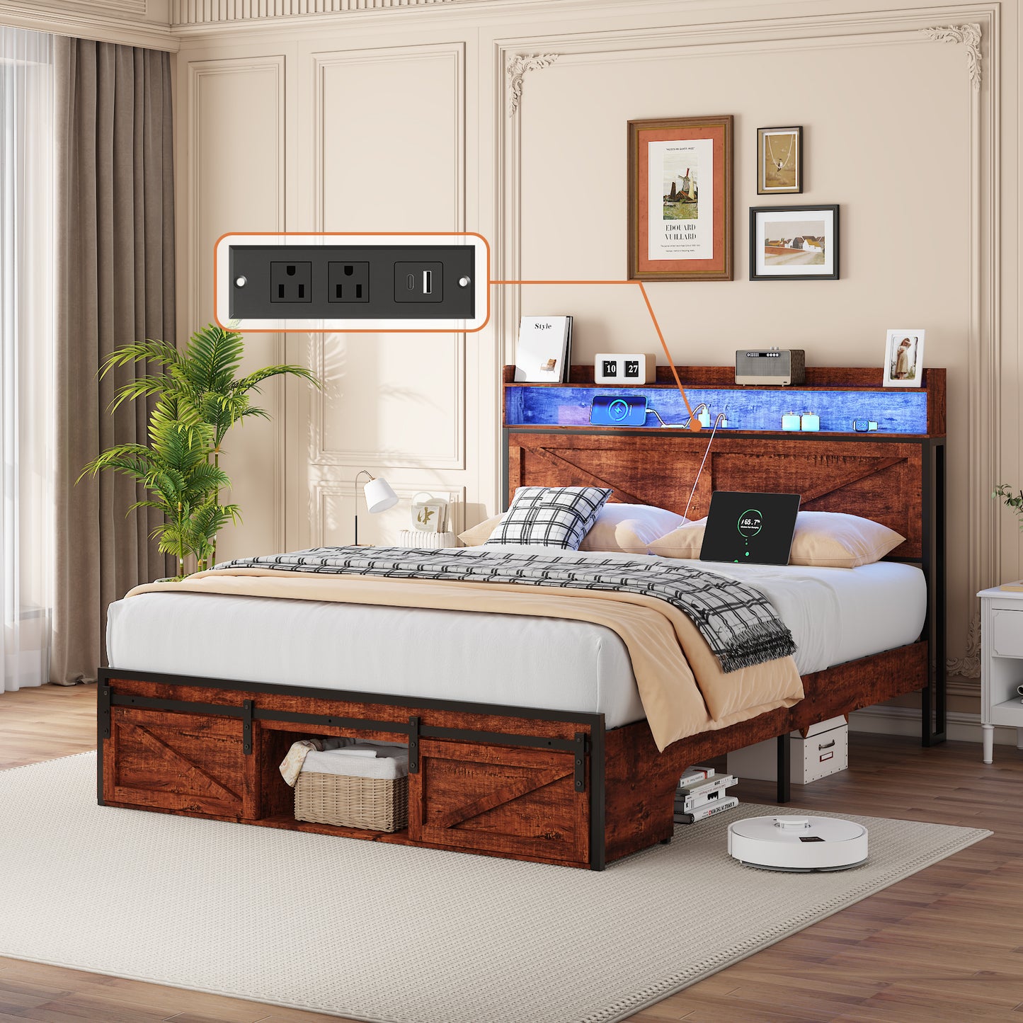 Full Size Bed Frame with Storage Headboard and LED Lights, Upholstered Platform Bed with Footboard Drawers, Sturdy Metal Slats, Noise-Free Mattress Support, No Box Spring Needed, Brown image 1