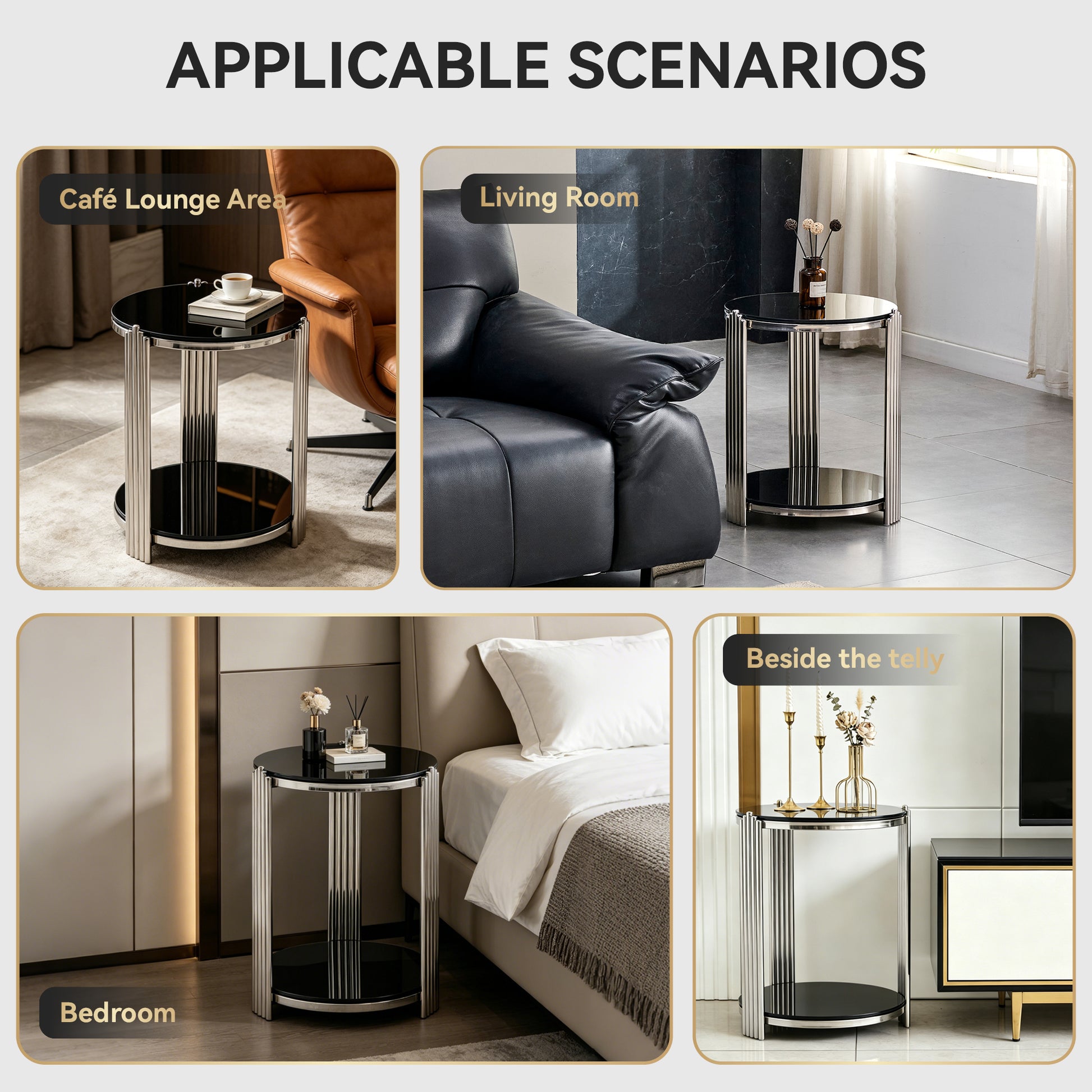 16.90 Inch Modern End Table, Bedside Table,Double-Layer Tempered Black Glass & Silver Stainless Steel Frame Living Room Table, Round Table,Easy Assembly. image 4