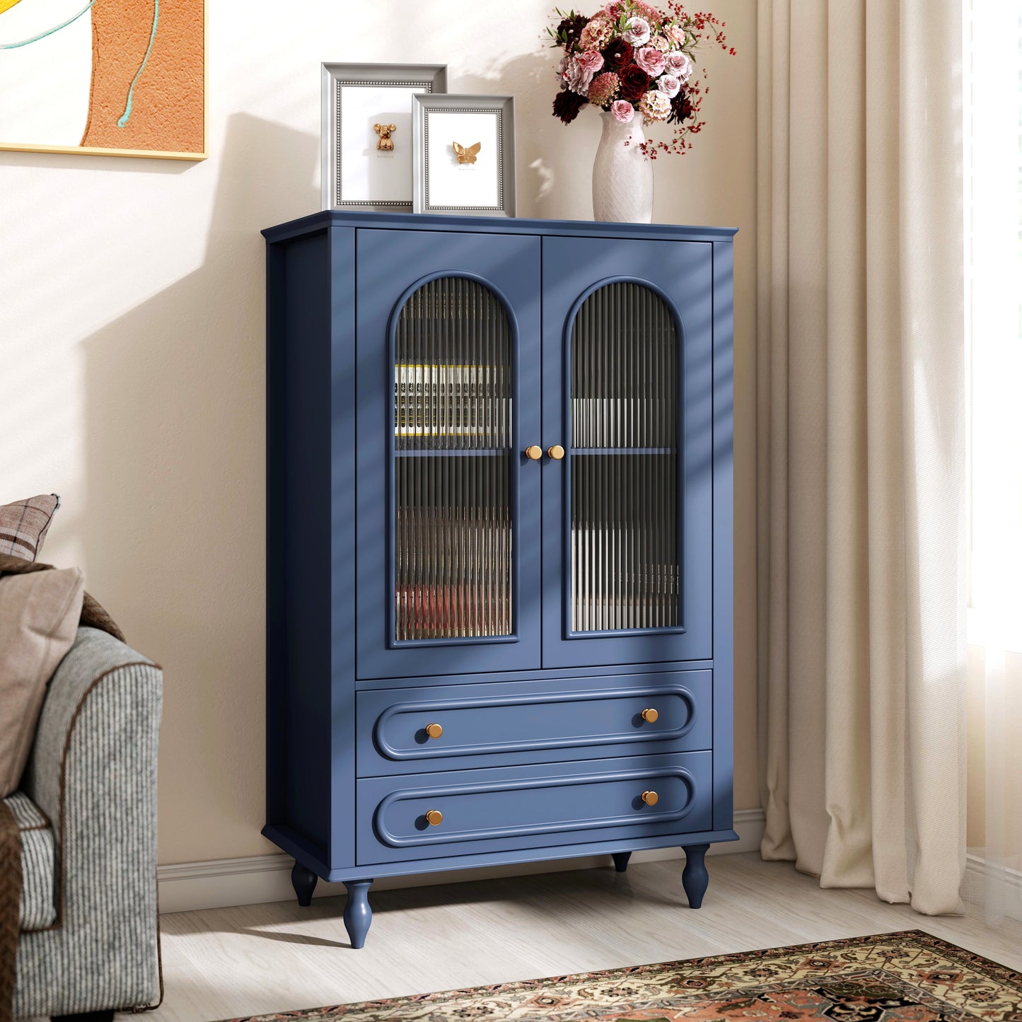 46.5'' Glass Display Cabinet with Ribbed Glass Doors,Wooden Curio Cabinet with 2 Drawers & Adjustable Shelf, Freestanding Buffet Cabinet Unit for Living Room Dining Room, Navy Blue image 1