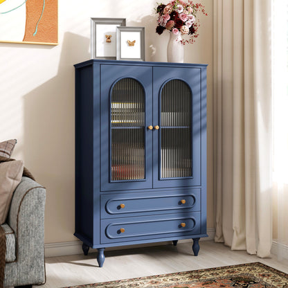 46.5'' Glass Display Cabinet with Ribbed Glass Doors,Wooden Curio Cabinet with 2 Drawers & Adjustable Shelf, Freestanding Buffet Cabinet Unit for Living Room Dining Room, Navy Blue image 1