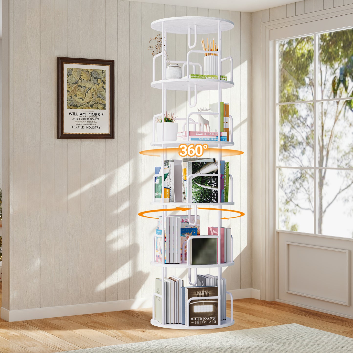 Rotating Bookshelf Tower 5 Tier,Spinning Bookcase, Revolving 360 Book Shelf Narrow Tall Bookcase, Vertical Turning Round storage Bookshelf,Book Shelf Organizer for Bedroom, Living Room, White image 3