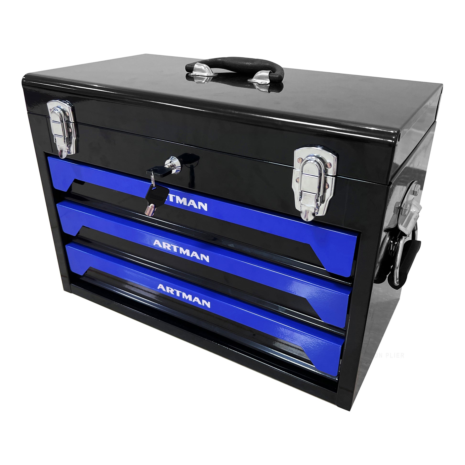 20'' Portable 3-Drawer Steel Toolbox, 4 Layers of Tools with Metal Latches, with Top Storage Tray and carrying Handle, Multi-Function Tool Storage for Garage, Home, or Workbench,Black&Blue image 4