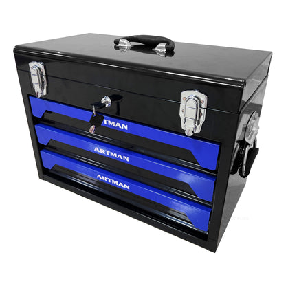 20'' Portable 3-Drawer Steel Toolbox, 4 Layers of Tools with Metal Latches, with Top Storage Tray and carrying Handle, Multi-Function Tool Storage for Garage, Home, or Workbench,Black&Blue image 4