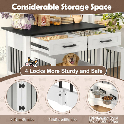 44.48" Large Dog Crate Furniture, Indoor Wooden Dog Kennel End Table with 2 Storage Drawers and Rotating Bowls, Decorative Pet Cage Dog House for Medium Dogs, White and Black image 3