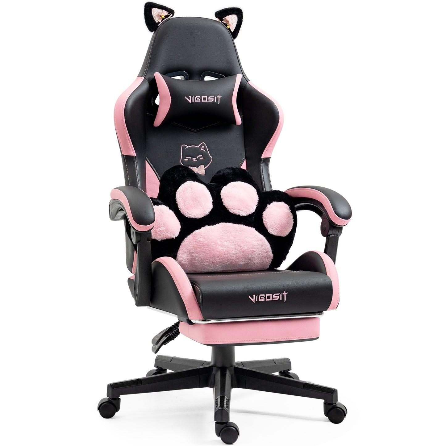 Cute Cat Gaming Chair with Paw Lumbar Cushion, PC Video Gamer Chair for Girl Teen Woman (Black) image 1
