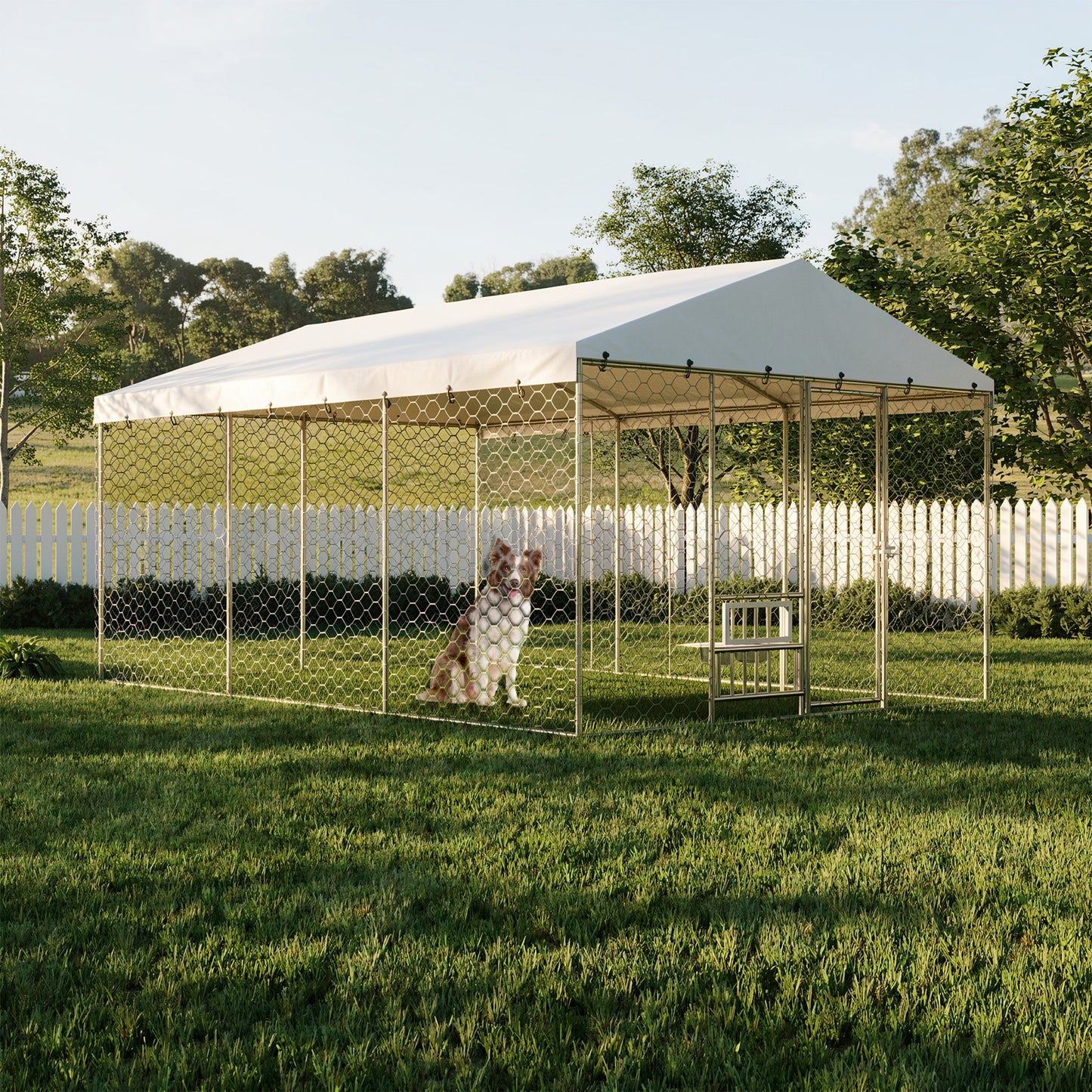 15x10 FT Large Outdoor Dog Kennel with Canopy, Heavy Duty Galvanized Steel Frame, Waterproof Cover, Built-in Elevated Feeding Bowls, Escape-Proof Lockable Pet Playpen for Large Dogs & Multiple Animal image 1