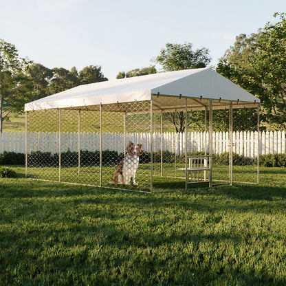 15x10 FT Large Outdoor Dog Kennel with Canopy, Heavy Duty Galvanized Steel Frame, Waterproof Cover, Built-in Elevated Feeding Bowls, Escape-Proof Lockable Pet Playpen for Large Dogs & Multiple Animal image 1