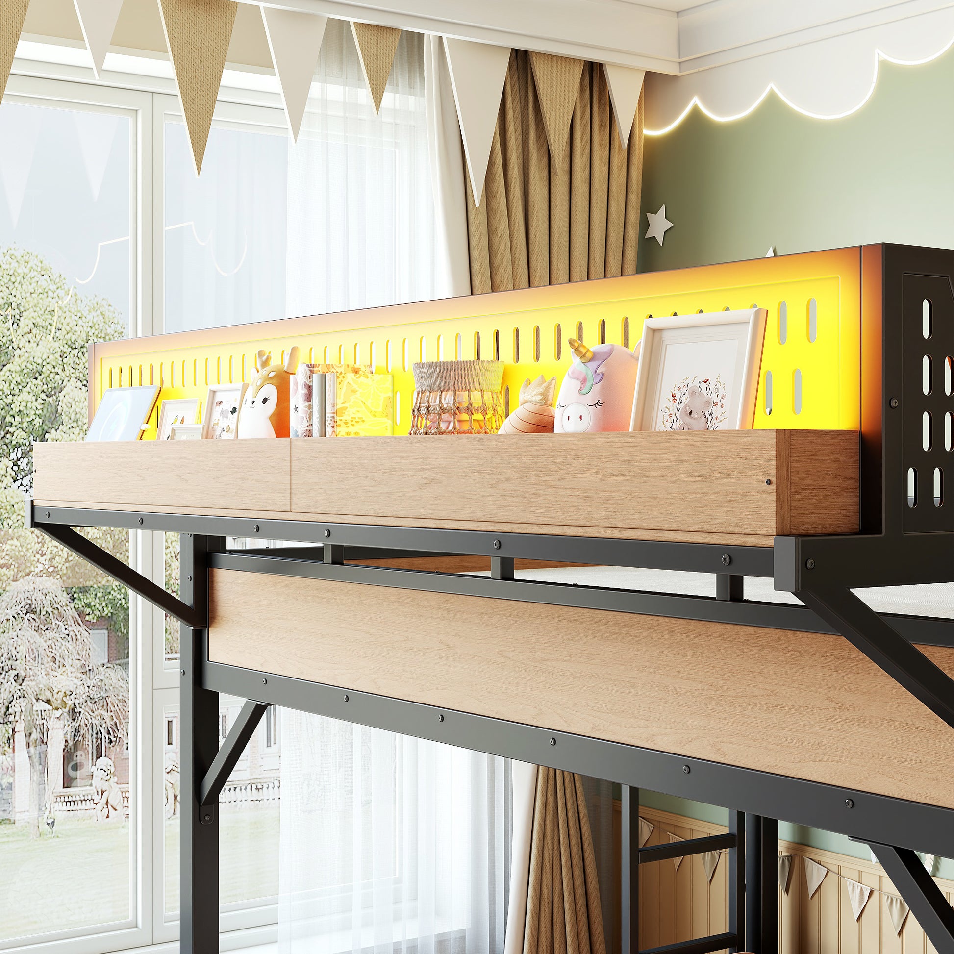 Queen Size Loft Bed with Slide, Storage Shelves and Built-in Wardrobe, Metal Loft Bed Frame with USB Ports and LED Lights, with Pegboard, Safety and Solid, Natural image 6
