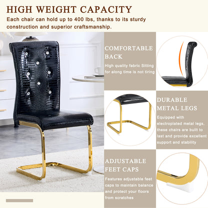 Set of 4,Retro alligator skin Upholstered dining chairs,with Crystal buckle design and Faux Leather design,a touch of elegance and mystery to the dining area,Gold plated metal bow leg image 8