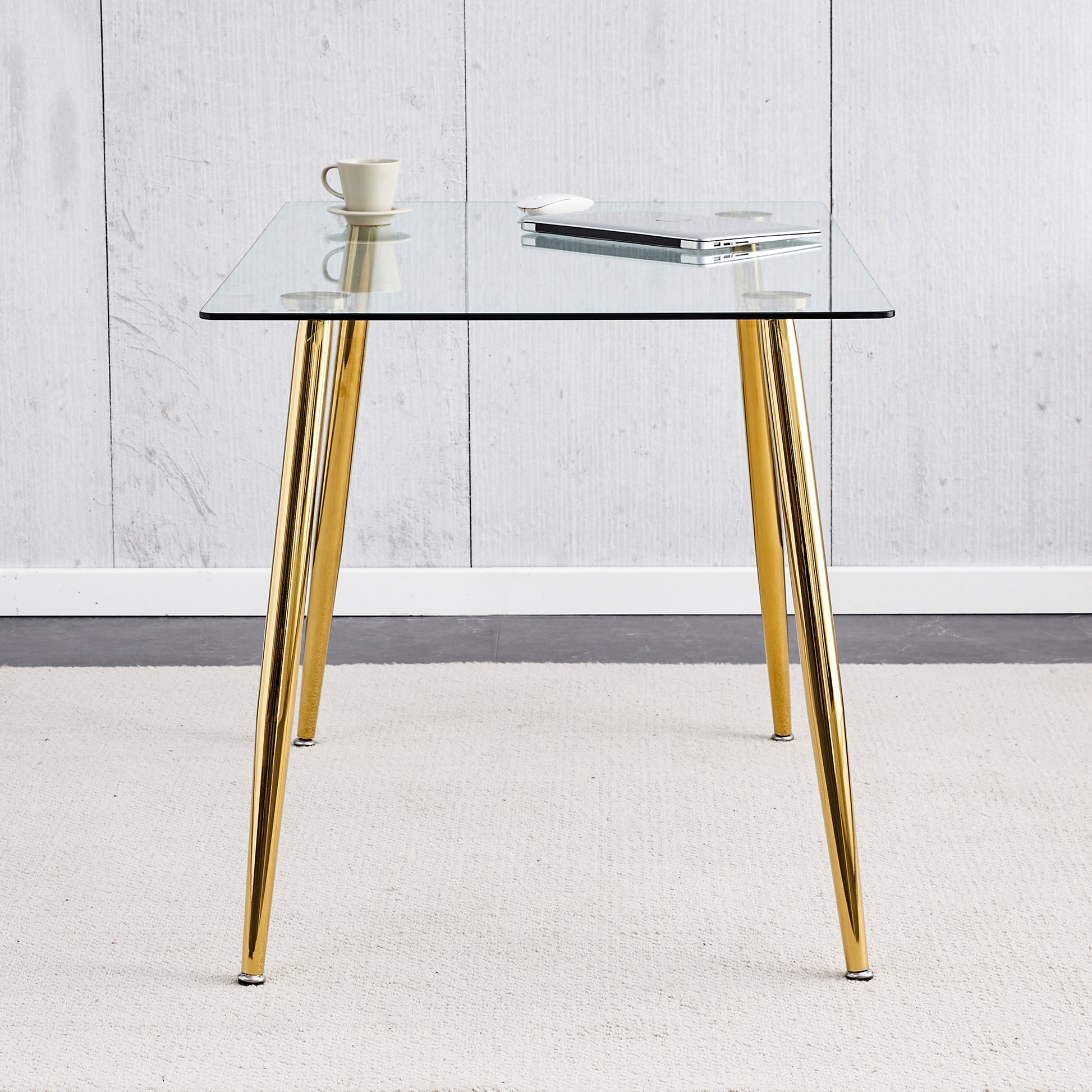 Modern Minimalist Rectangular Glass Dining Table for 4-6 with 0.31" Tempered Glass Tabletop and Golden plating Metal Legs, Writing Table Desk, 51" *31"*30".W1151S03746/W1151S03724 image 3