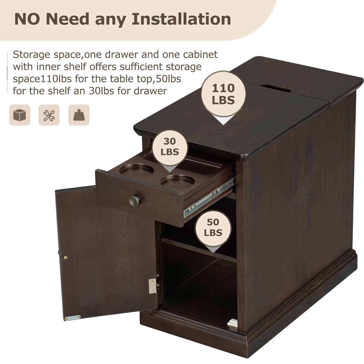 U-Can Classic Vintage Livingroom End Table Side Table with USB Ports and One Multifunctional Drawer with cup holders, Antique Espresso (Old SKU: WF296294AAP) image 6