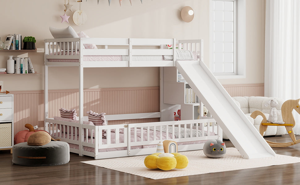 Twin Over Full Bunk Bed with Slide, Storage Staircase, Pine Solid Wooden Bunk Bed with Safety Guardrails,White (Old Sku W504S00185) image 10