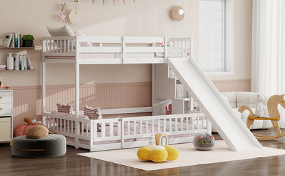 Twin Over Full Bunk Bed with Slide, Storage Staircase, Pine Solid Wooden Bunk Bed with Safety Guardrails,White (Old Sku W504S00185) image 10