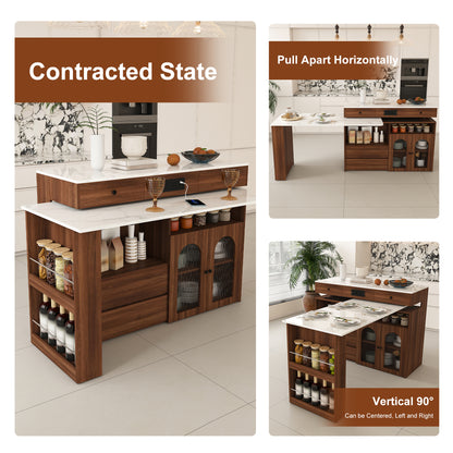 Kitchen Island with Extendable & Rotating Table, MDF with Walnut Veneer Retro Design, 4 Drawers & Glass Door Cabinets with Built-in Socket, Expandable Dining Station for 2-4 Person (Walnut) image 8