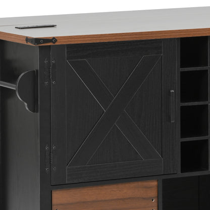 K&K 54" Farmhouse Kitchen Island with Drop Leaf, Power Outlet, Kitchen Storage Cart with 2 Doors, 2 Drawers, Rolling Kitchen Island on 4 Large Wheels with Spice Rack for Kitchen, Dining Room, Black image 3
