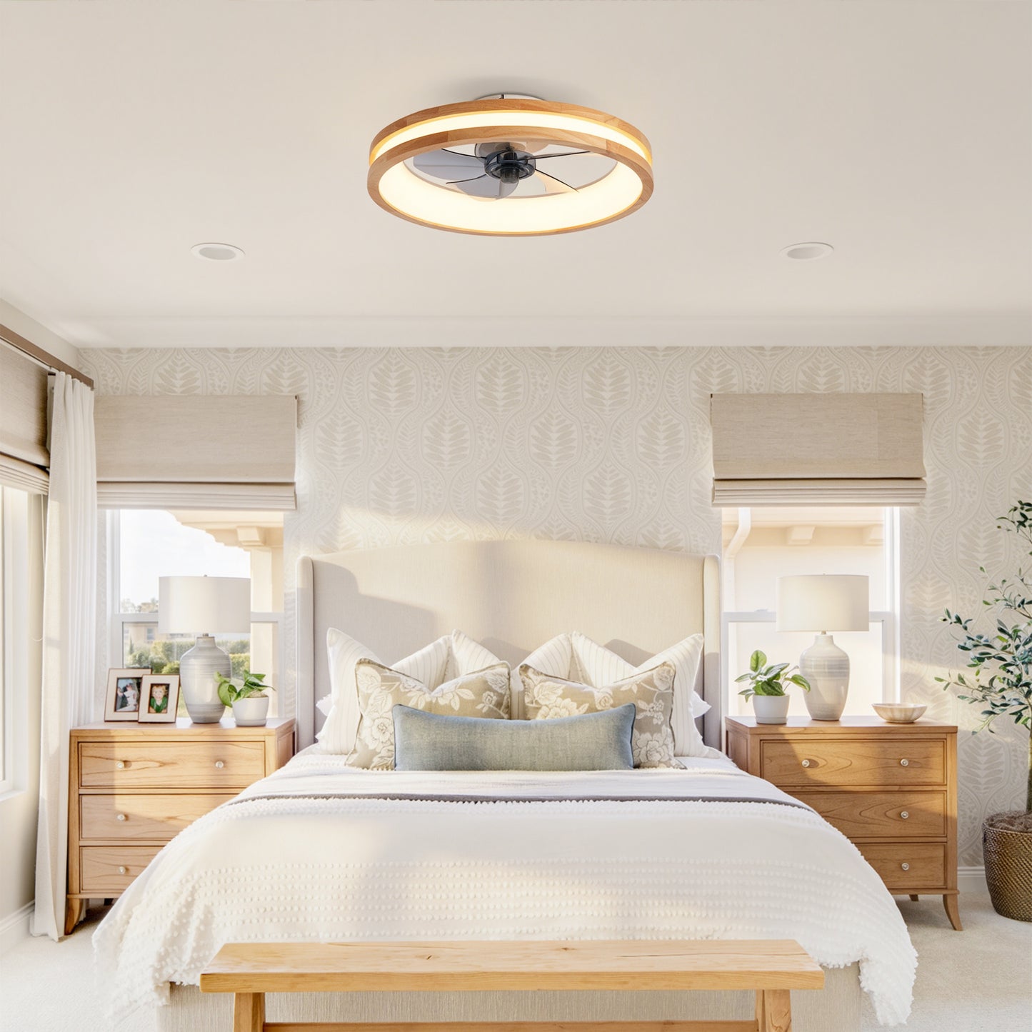 Ceiling Fans with Kit,LED Light Source and Remote Control, 3000-6500K Dimmable Modern Flush Mount LED Fan Light, 6 Speeds, Quiet DC Motor For Living room, Bedroom,Kitchen----Natural Wood + White image 10