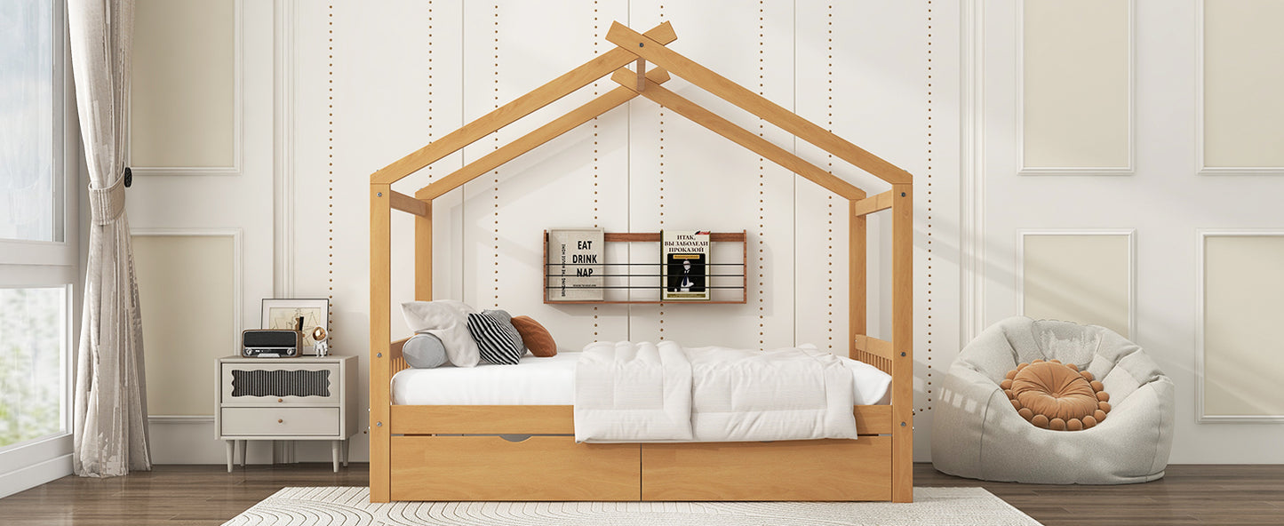 Full Size House Platform Bed with Two Drawers,Headboard and Footboard,Roof Design,Natural image 5