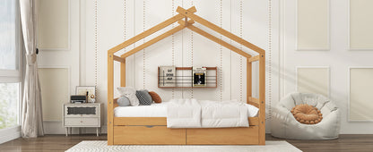 Full Size House Platform Bed with Two Drawers,Headboard and Footboard,Roof Design,Natural image 5