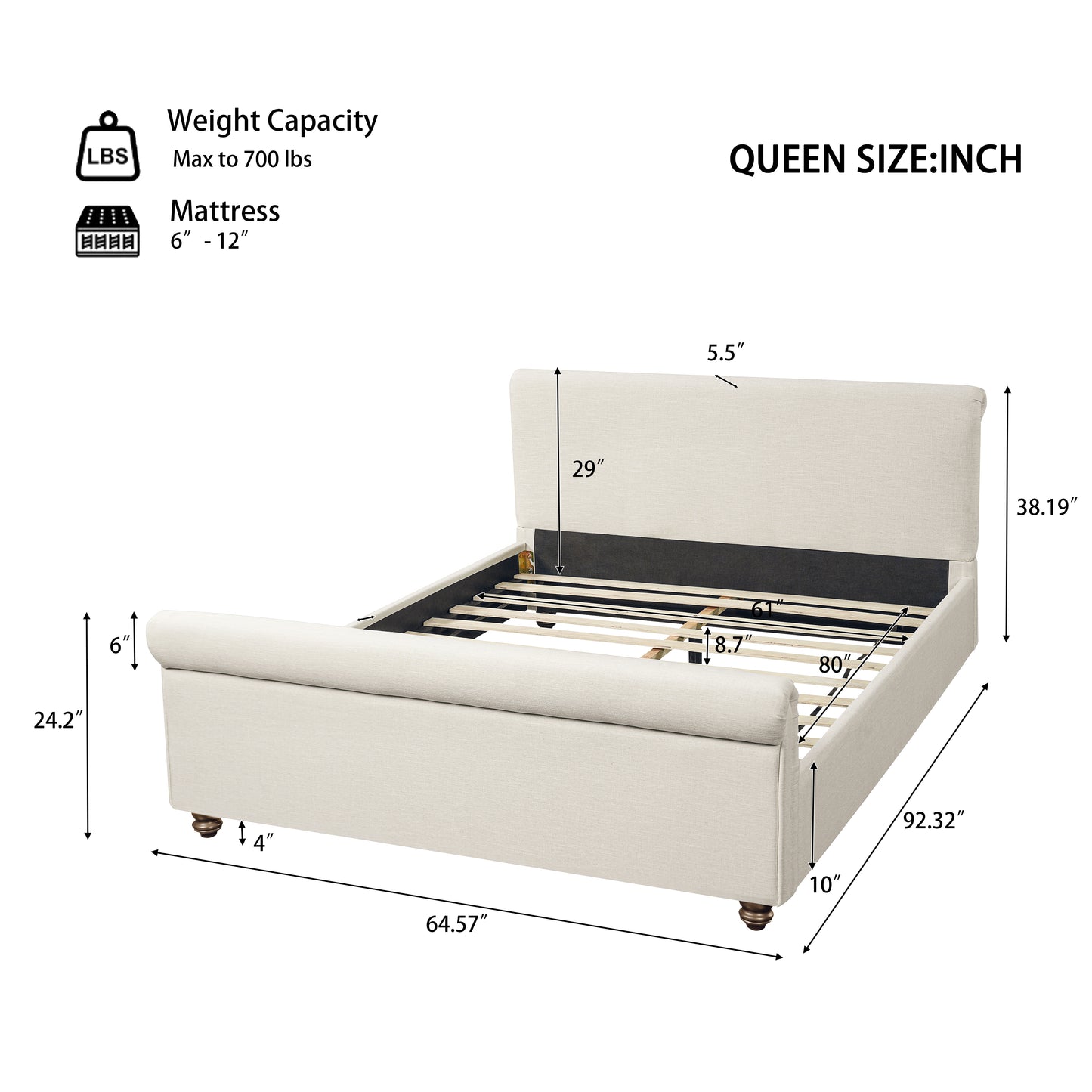 Queen Size Upholstered Bed Frame With Linen Fabric, Thick Headboard And Solid Wood Legs, Beige image 3