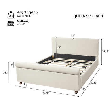 Queen Size Upholstered Bed Frame With Linen Fabric, Thick Headboard And Solid Wood Legs, Beige image 3
