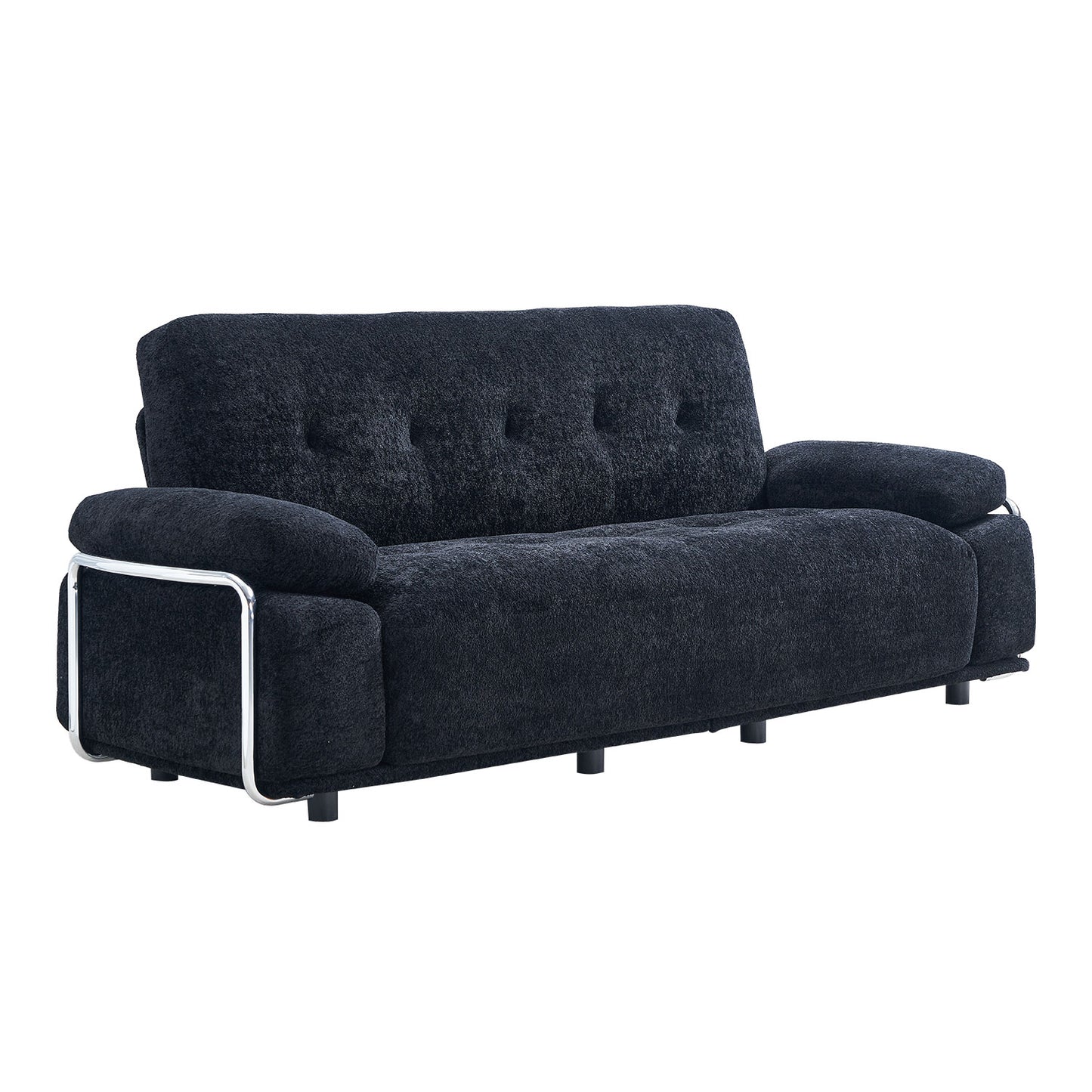 88.98'' Width Modern Sofa with Compression Seat Cushions and Back Cushions,Steel Arm Frame,Chenille Fabric,Black Color image 2