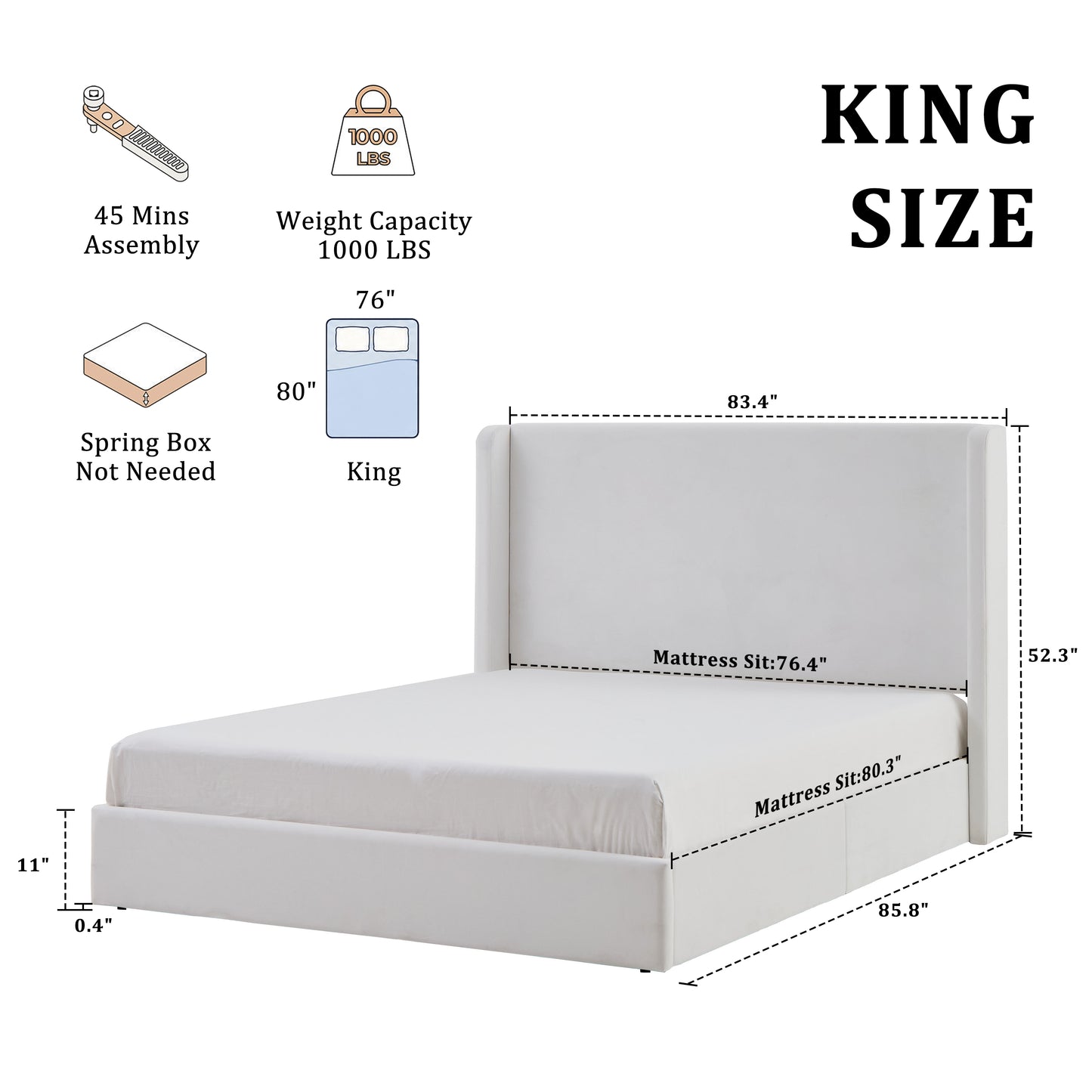 Carmen Upholstered Wingback Bed / Upholstered Platform Bed Frame / 52.3" High Headboard / Simplicity / Minimalist / No Box Spring Needed / Easy Assembly / King / Coconut Micro Suede / No Noise image 6