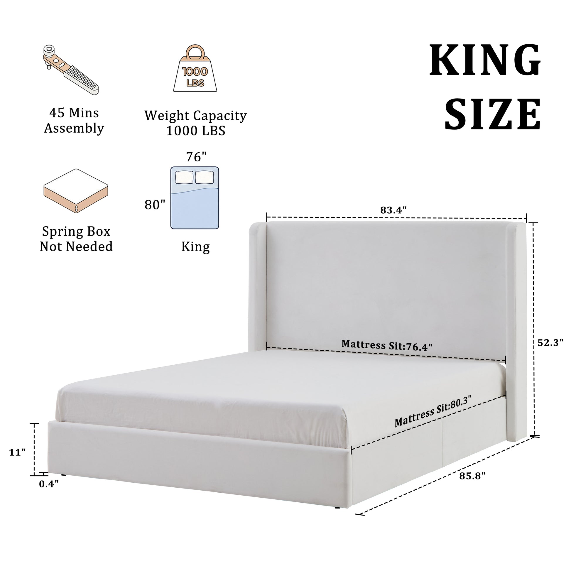 Carmen Upholstered Wingback Bed / Upholstered Platform Bed Frame / 52.3" High Headboard / Simplicity / Minimalist / No Box Spring Needed / Easy Assembly / King / Coconut Micro Suede / No Noise image 6