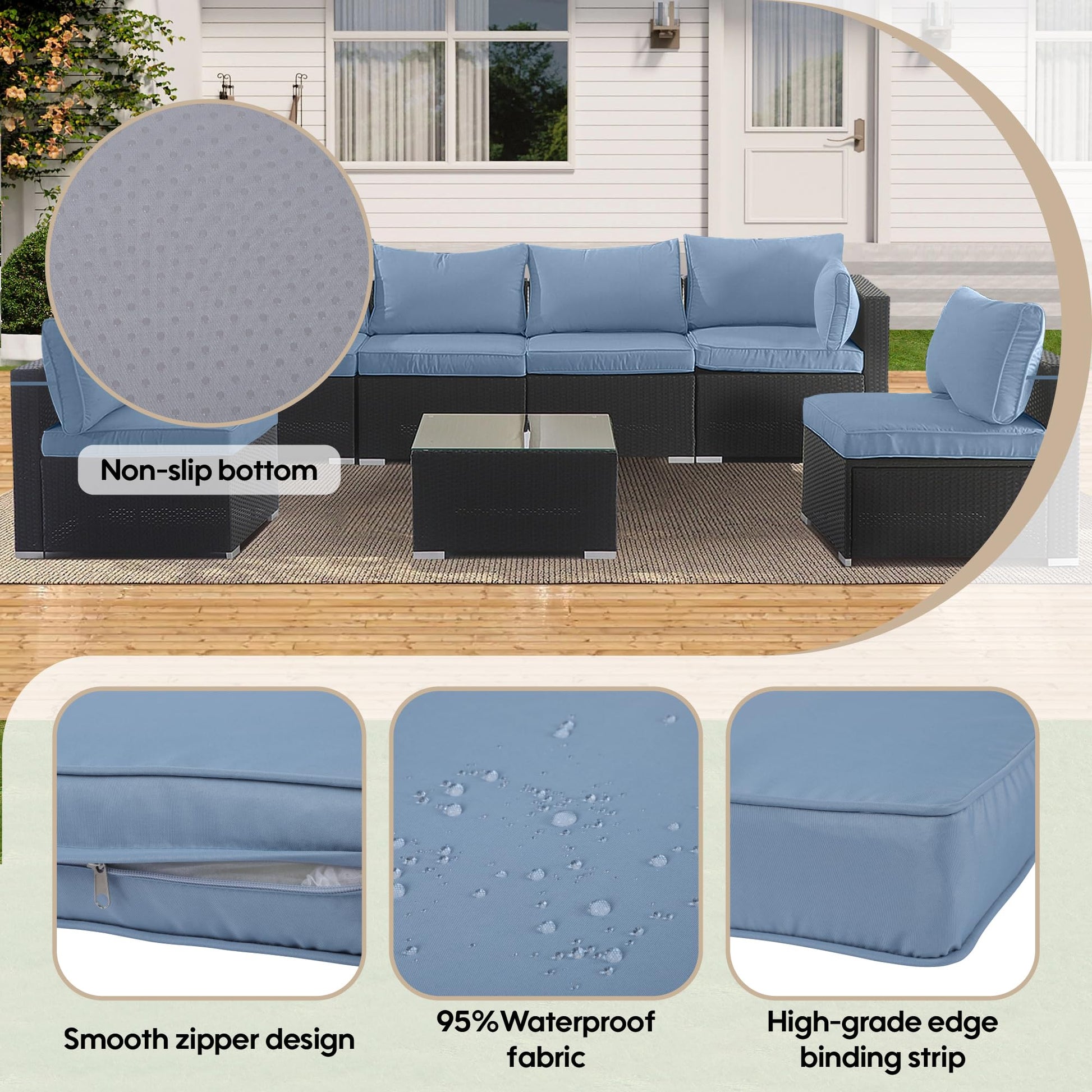 Cushion Covers for 7 Pcs (6-Seaters) Wicker Rattan Sectional Sofa, 14Pack Cushion Slipcovers Set Seat and Back,Outdoor Cushion Slipcover with Zipper, Haze blue(Only Cover) Haze blue image 5