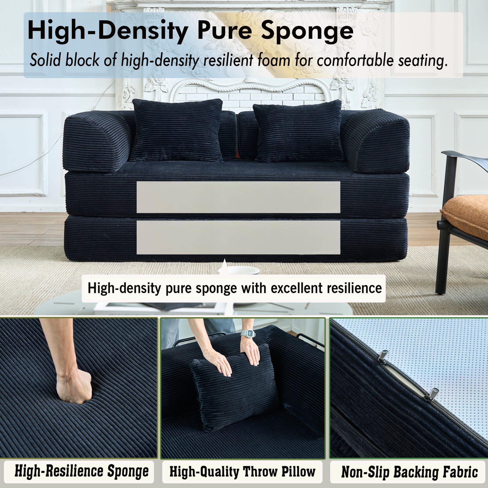 Convertible Sleeper Sofa Bed, Corduroy Folding Mattress Couch with Fixed-Shape Frame, Floor Sofa Lounge Couch Boneless Sofa for Living Room Bedroom, Black image 3