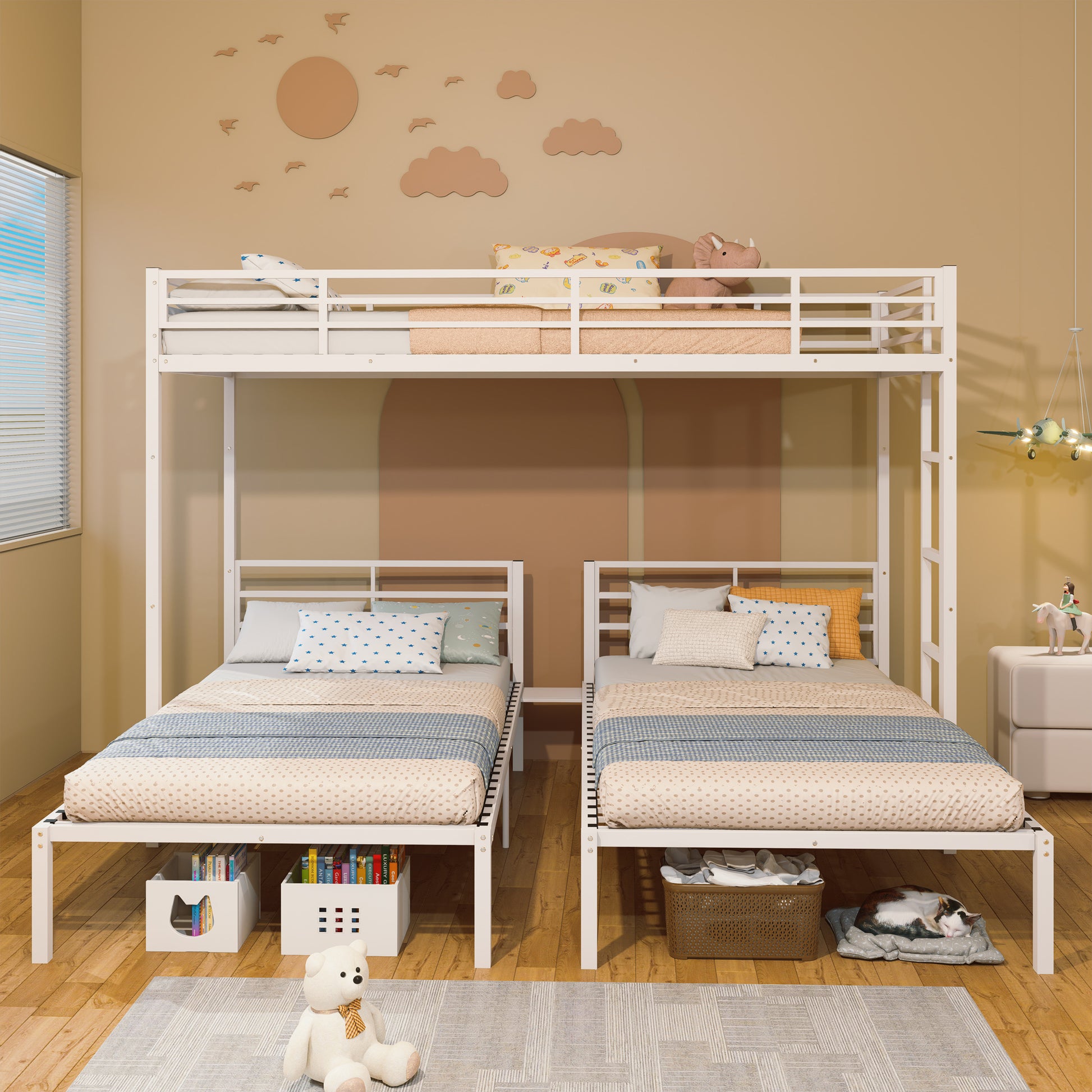 Triple Bunk Bed for Kids,3 Bed Bunk Beds for 3,Metal Triple Bunk Beds,Separates Into 3 Twin Beds,Noise Reduced Structure,White image 2