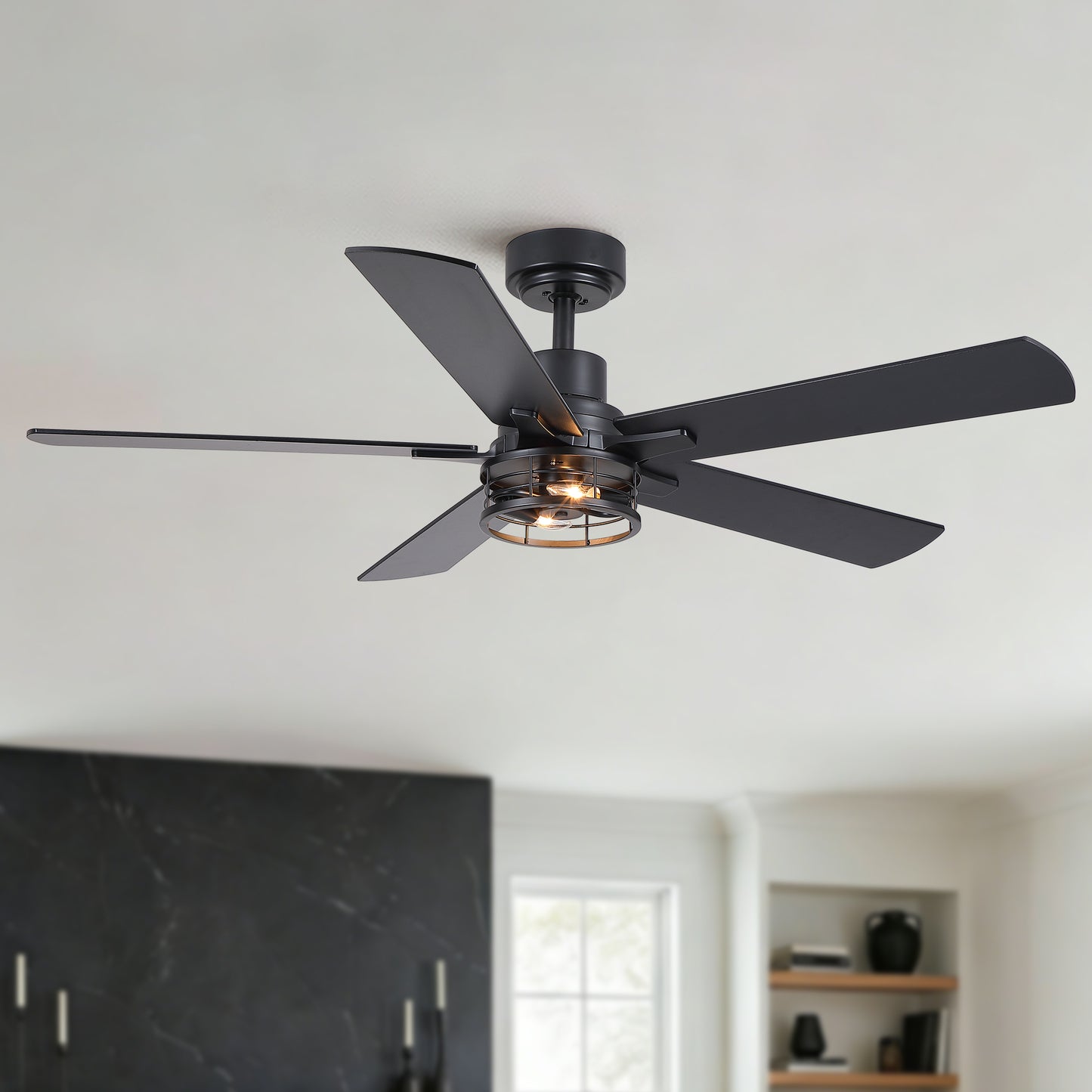 52" Modern Farmhouse Industrial Ceiling Fan with Light, Dual‑Sided Matte Black & Wood Grain Blades, Reversible DC Motor, 6‑Speed Timer Remote, Metal Cage, E12 Compatible, Bulbs Not Included image 1