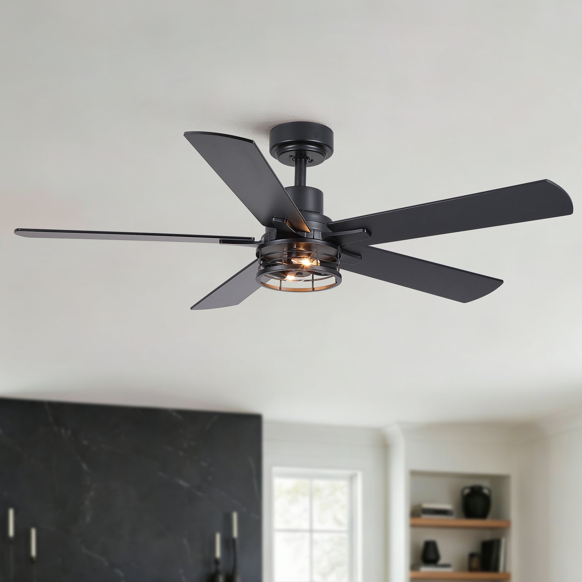 52" Modern Farmhouse Industrial Ceiling Fan with Light, Dual‑Sided Matte Black & Wood Grain Blades, Reversible DC Motor, 6‑Speed Timer Remote, Metal Cage, E12 Compatible, Bulbs Not Included image 1