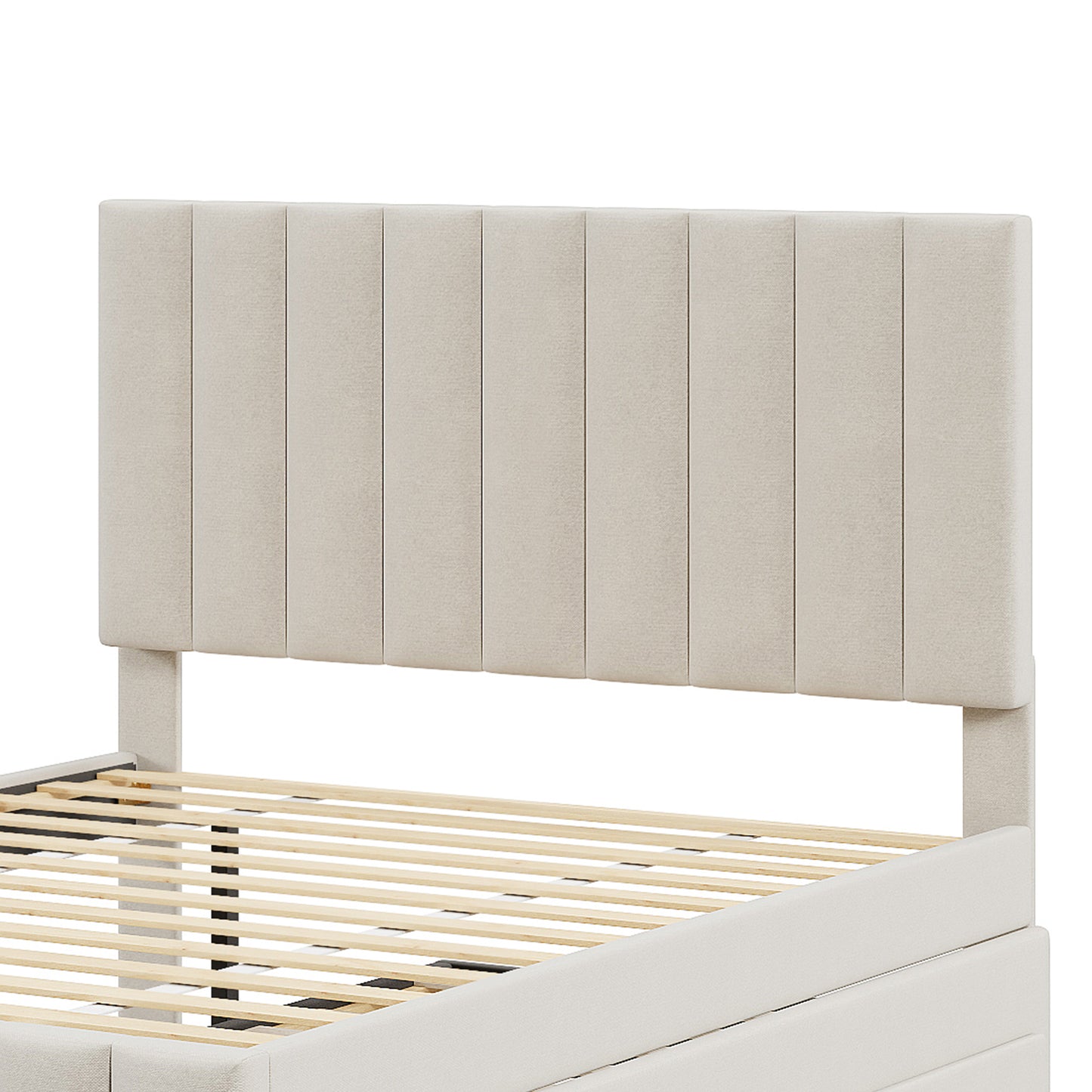 Full Size Upholstered Platform Bed with Twin Size Trundle and 3 Drawers, Linen Fabric, Beige image 7