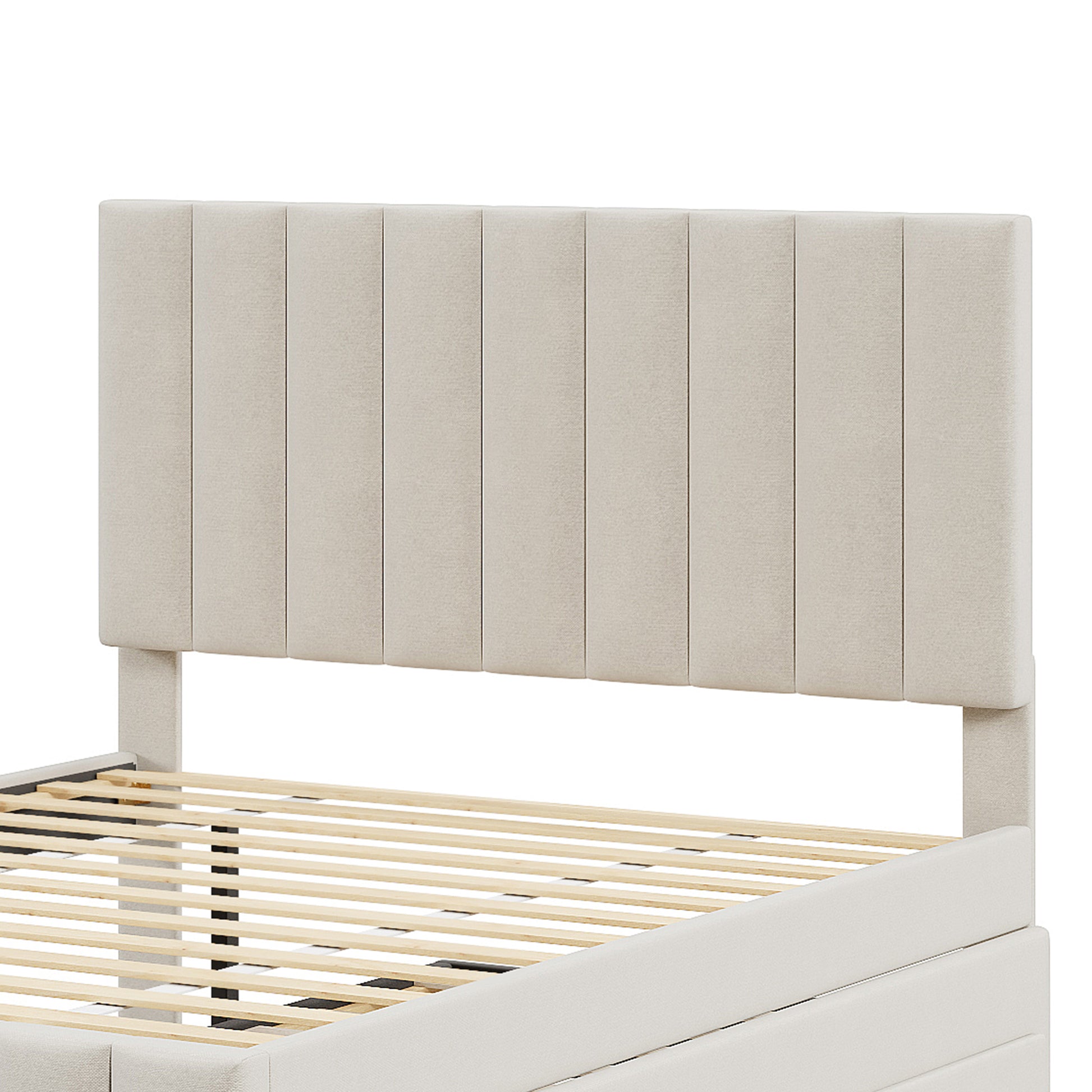 Full Size Upholstered Platform Bed with Twin Size Trundle and 3 Drawers, Linen Fabric, Beige image 7