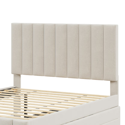 Full Size Upholstered Platform Bed with Twin Size Trundle and 3 Drawers, Linen Fabric, Beige image 7