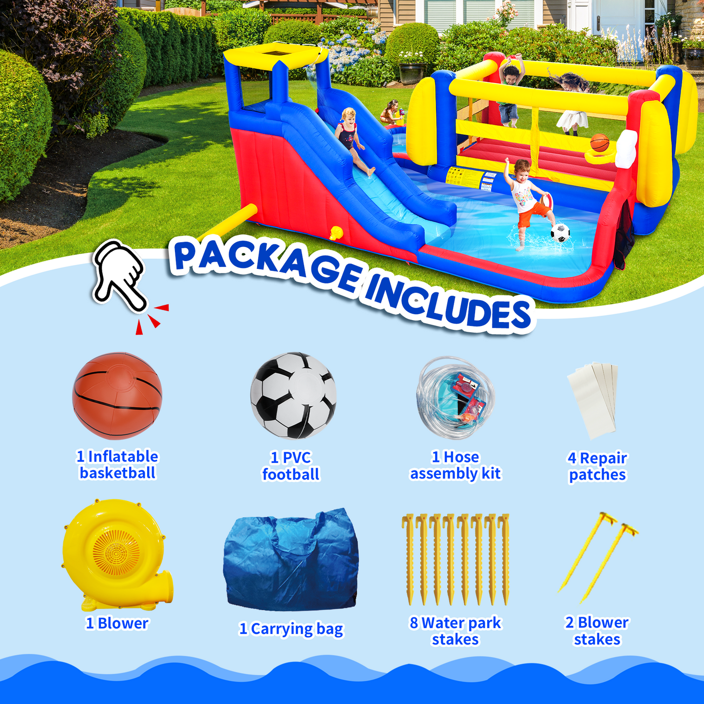 7 in1 Inflatable Slide Water Park with Deep Water Pool Basketball Hoop Football Gate Water Cannon Climb Wall Bounce House for Kids image 7