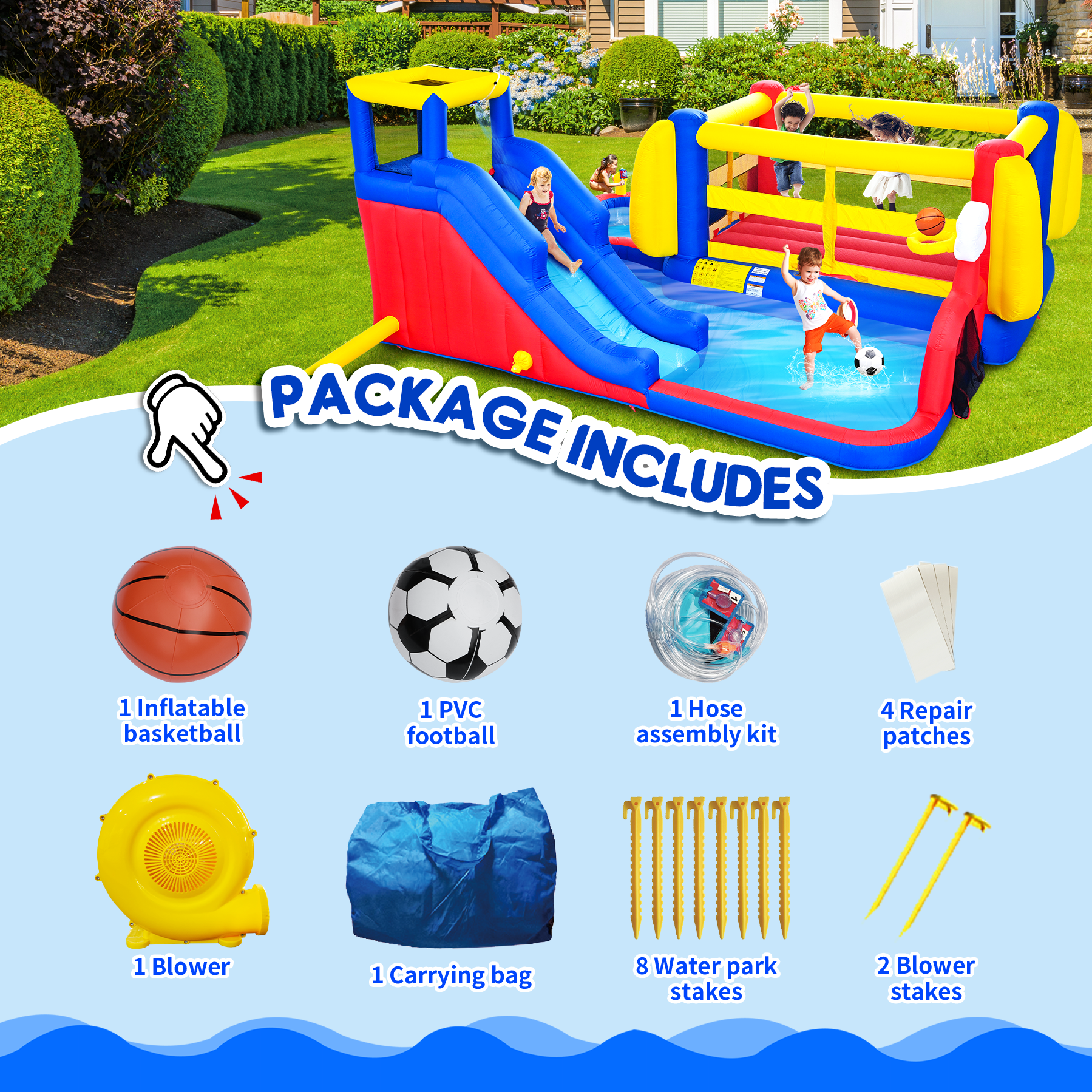 7 in1 Inflatable Slide Water Park with Deep Water Pool Basketball Hoop Football Gate Water Cannon Climb Wall Bounce House for Kids image 7