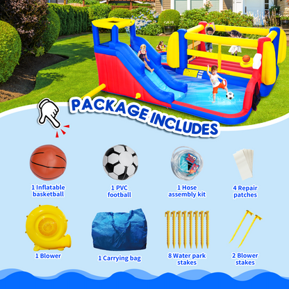 7 in1 Inflatable Slide Water Park with Deep Water Pool Basketball Hoop Football Gate Water Cannon Climb Wall Bounce House for Kids image 7