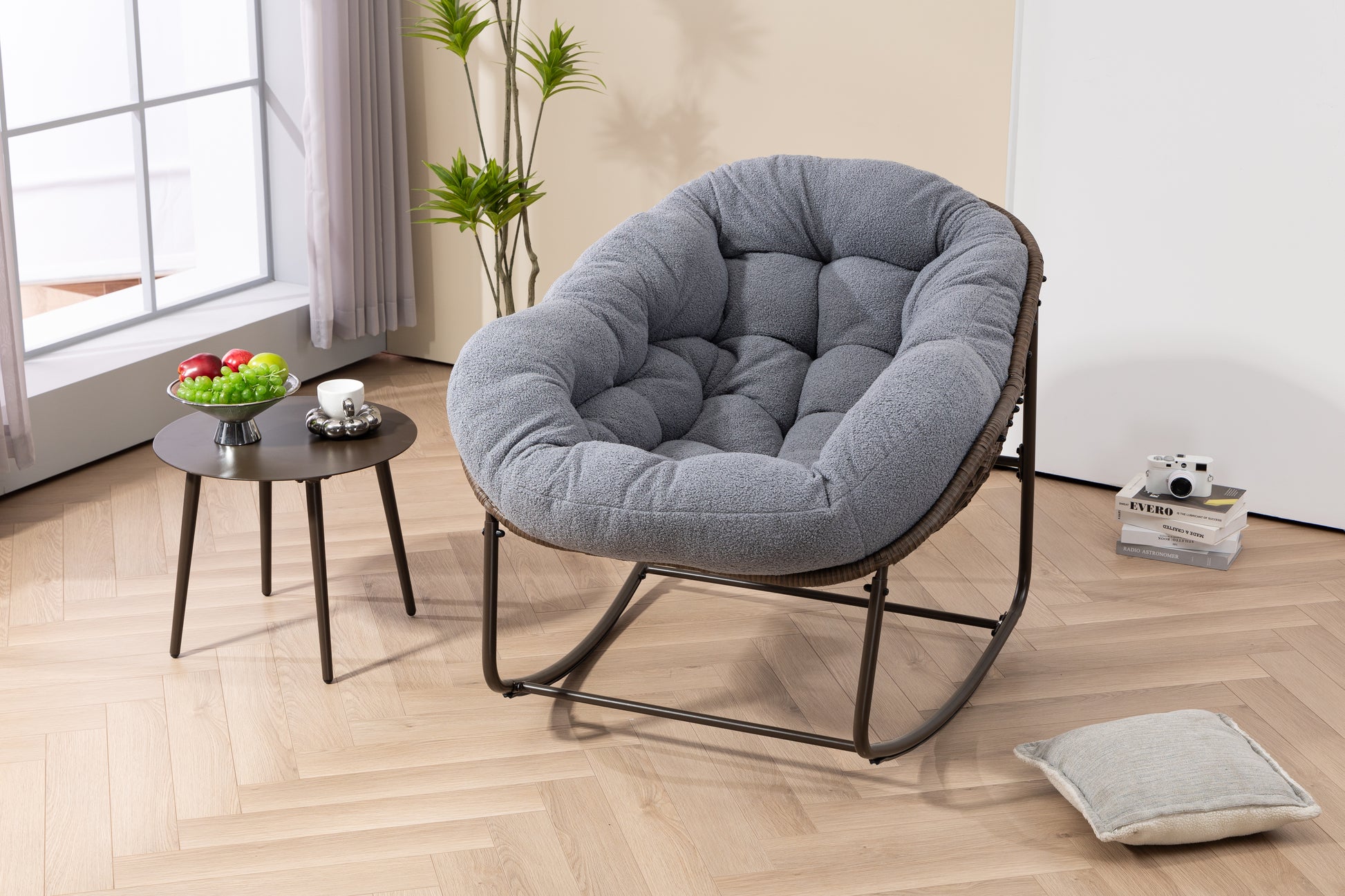 Outdoor Rattan Rocking Chair,Padded Cushion Rocker Recliner Chair Outdoor for Front Porch, Living Room, Patio, Garden, Grey image 5
