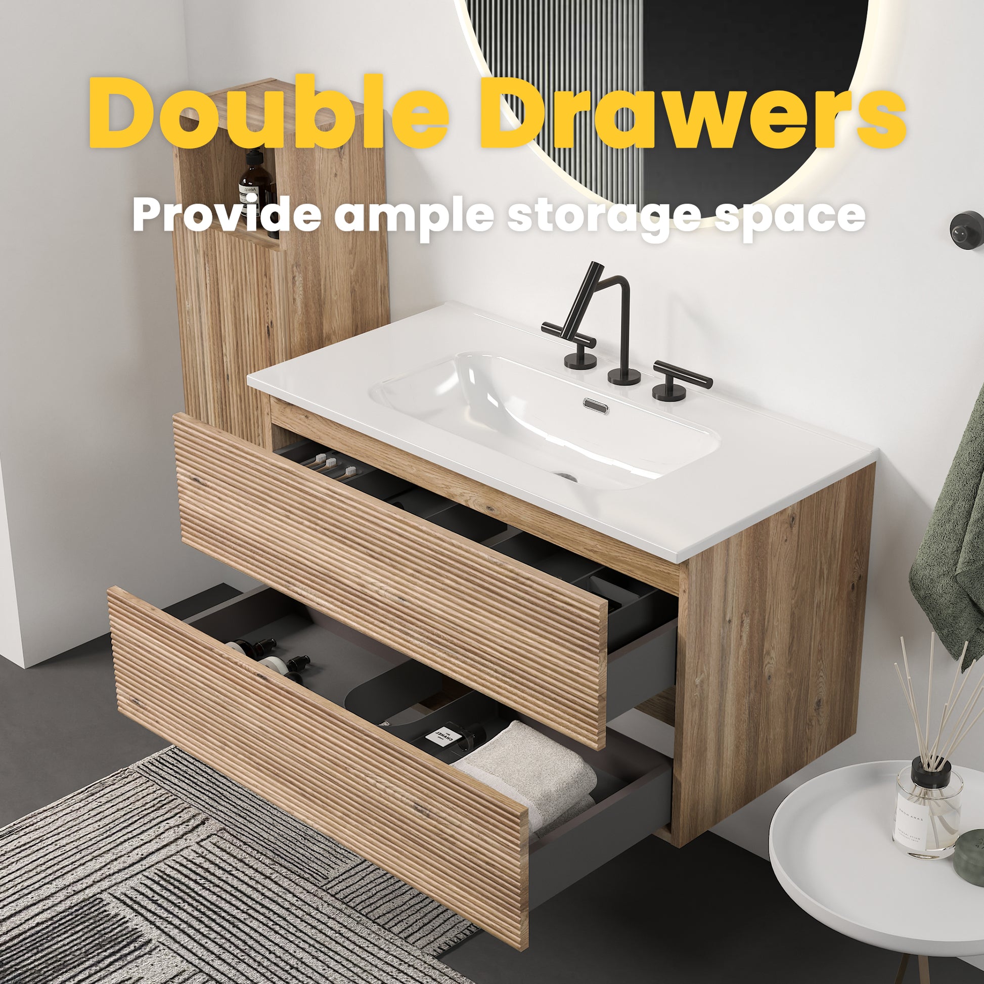 Gloria 36" Wall Mounted Rough Oak&Rough Oak Bathroom Vanity with Integrated Ceramic Sink with Overflow, with 3 holes, Large Storage Floating Bathroom Vanity for Modern Bathroom, KD image 5
