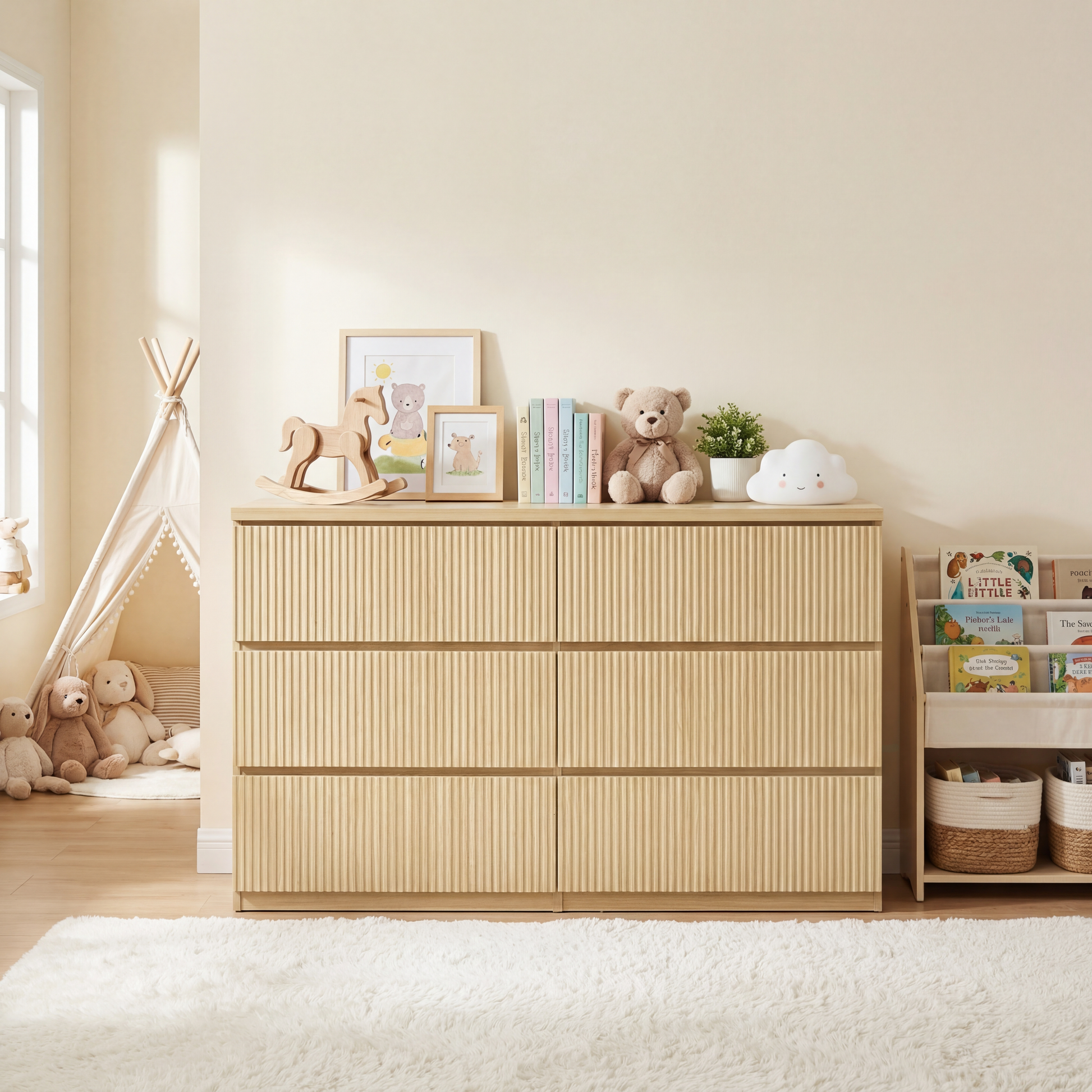 Modern Natural Wood 6 Drawer Dresser, Wave Panel Drawer Fronts, Storage Cabinet, Versatile Chest of Drawers for Bedroom, Living Room - Sleek & Spacious Home Storage Solution image 1
