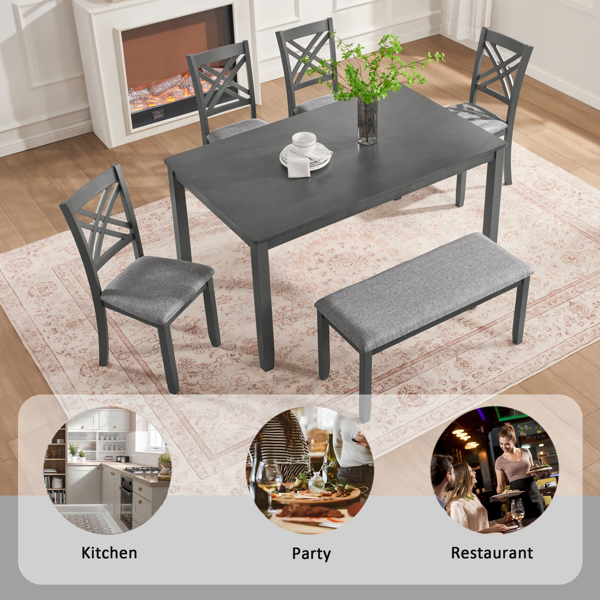 6 Piece Kitchen Dining Set, Rectangular Wooden Dining Table with 4 Upholstered Chairs and a Bench, Dining Table Set for 6 People, Living Room and Kitchen, Grey image 4