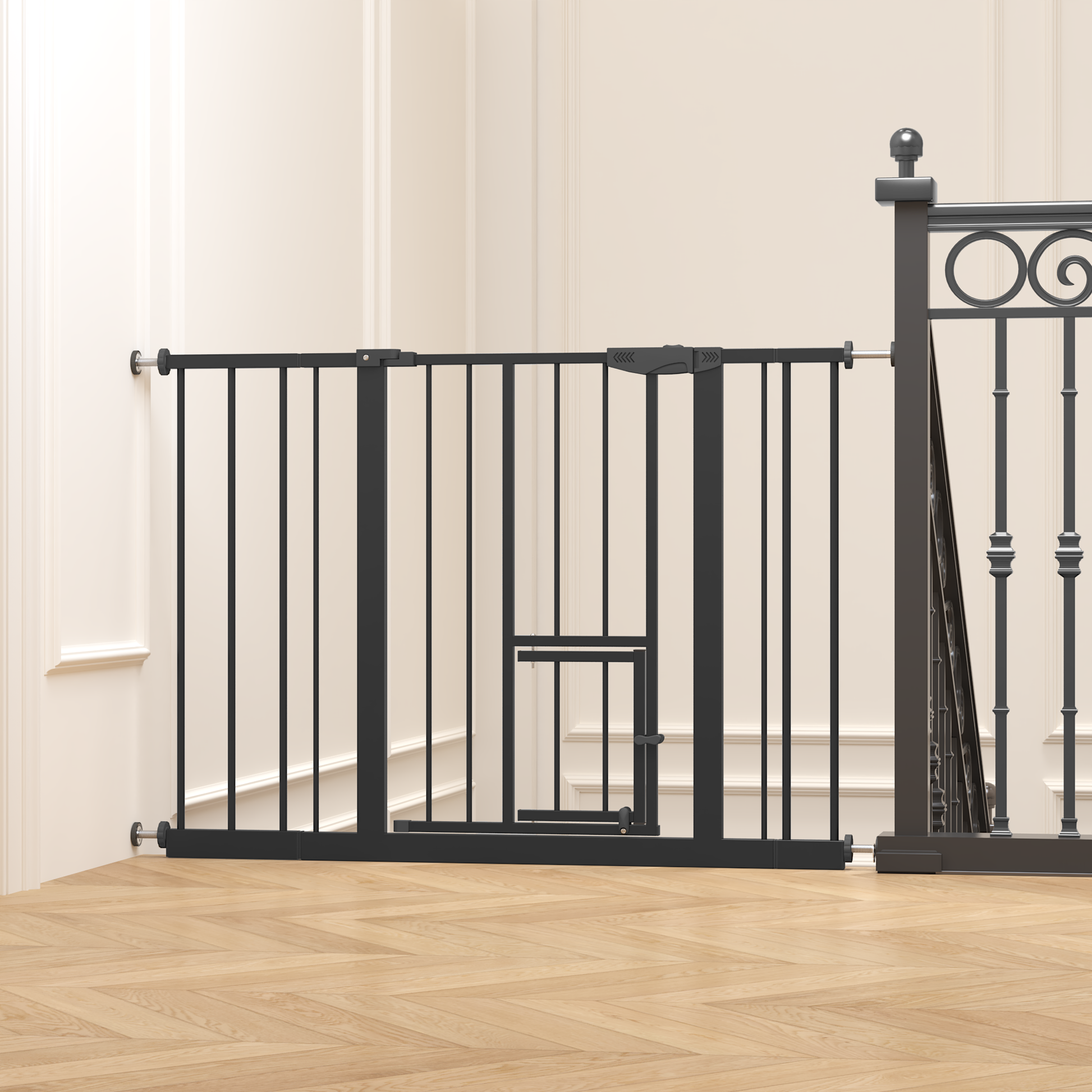 Baby Gate with Cat Door, 29.5-44.1" Metal Pet Door for Stairs & Doorways,Pressure Mounted,No Tools Needed, Black image 12
