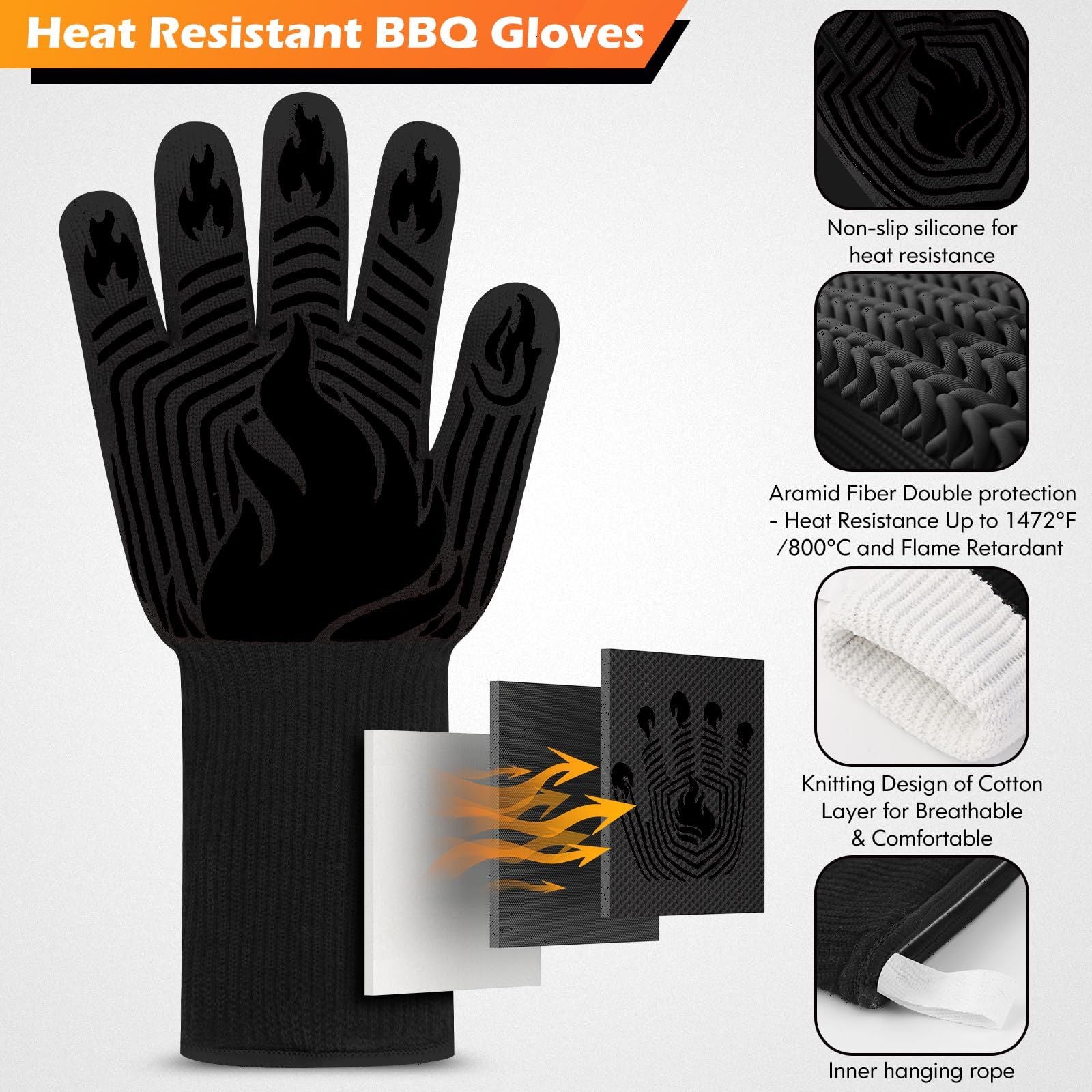 BBQ Gloves, 1472°F Heat Resistant Fireproof Mitts, Silicone Non-Slip Washable Oven Kitchen Gloves for Barbecue, Grilling image 3