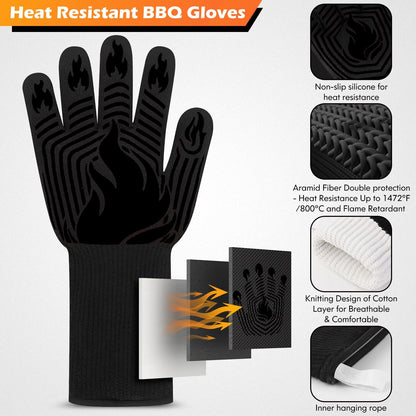 BBQ Gloves, 1472°F Heat Resistant Fireproof Mitts, Silicone Non-Slip Washable Oven Kitchen Gloves for Barbecue, Grilling image 3