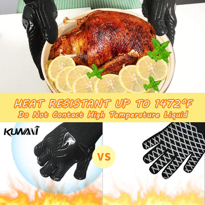 BBQ Gloves, 1472°F Heat Resistant Fireproof Mitts, Silicone Non-Slip Washable Oven Kitchen Gloves for Barbecue, Grilling image 5
